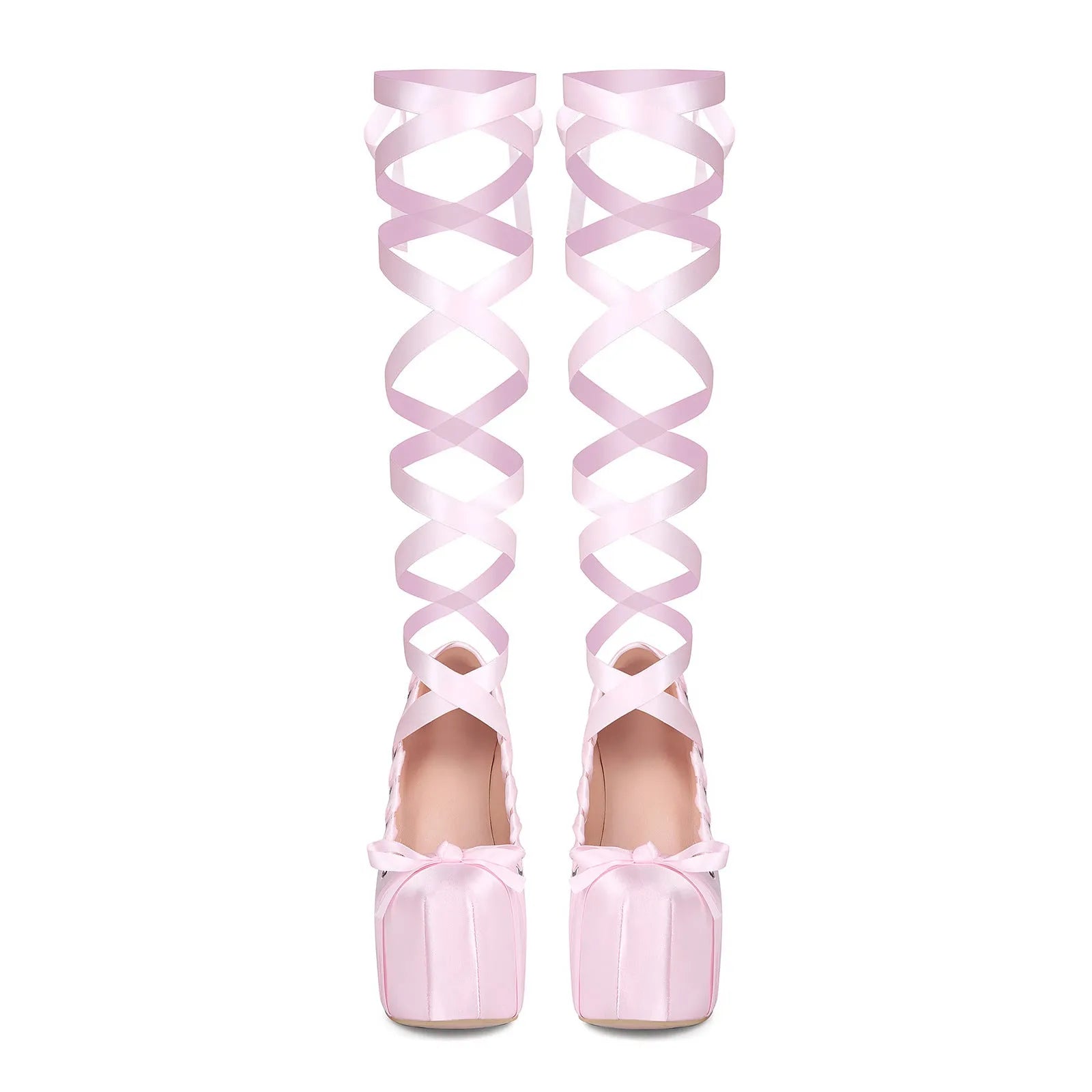 Pink imitation leather lace-up platform pumps with chunky heel and round toe