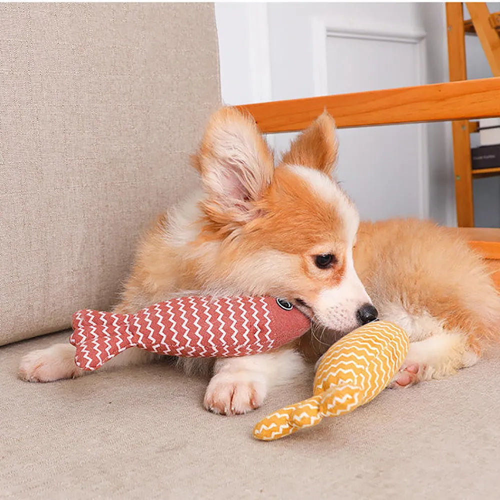 Burlap fish catnip cat toy in bright colour with crinkle sound, 8.27 inches long, on floor