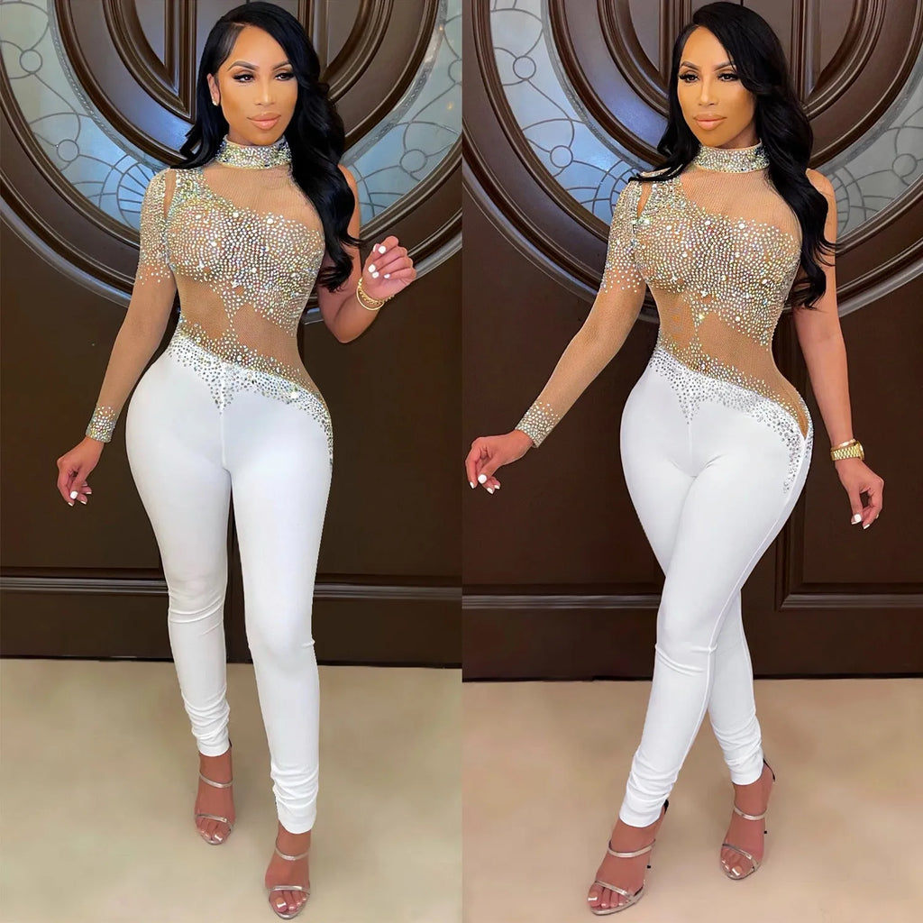 Women's one-shoulder transparent mesh rhinestone jumpsuit in tight-fit trouser style, black colour