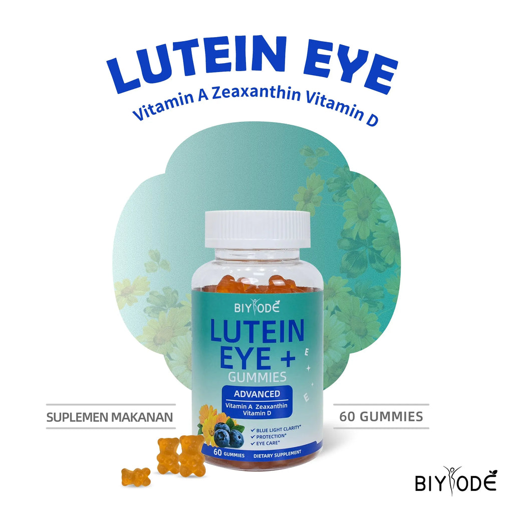 Lutein gummies eye health supplement bottle with 60 gummies, lutein, vitamin A, vitamin D, bilberry, grapeseed and wolfberry
