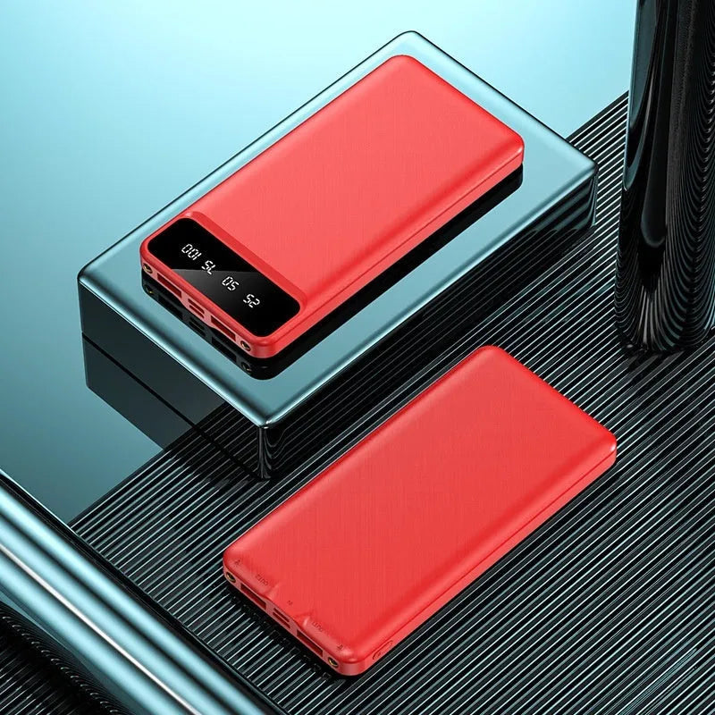 Black industrial-style 20000 mAh power bank with integrated USB charging cable showing compact dimensions.