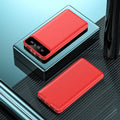 Black industrial-style 20000 mAh power bank with integrated USB charging cable showing compact dimensions.