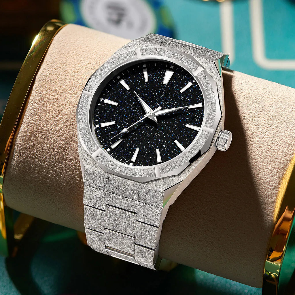 Men's stainless steel business watch with luminous markers in silver colour option