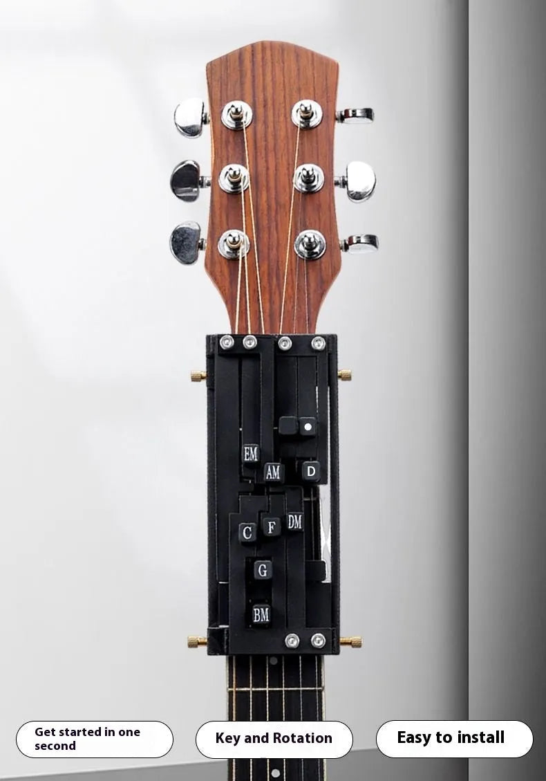 Black auxiliary folk guitar chord practice device with automatic gear mechanism for beginners