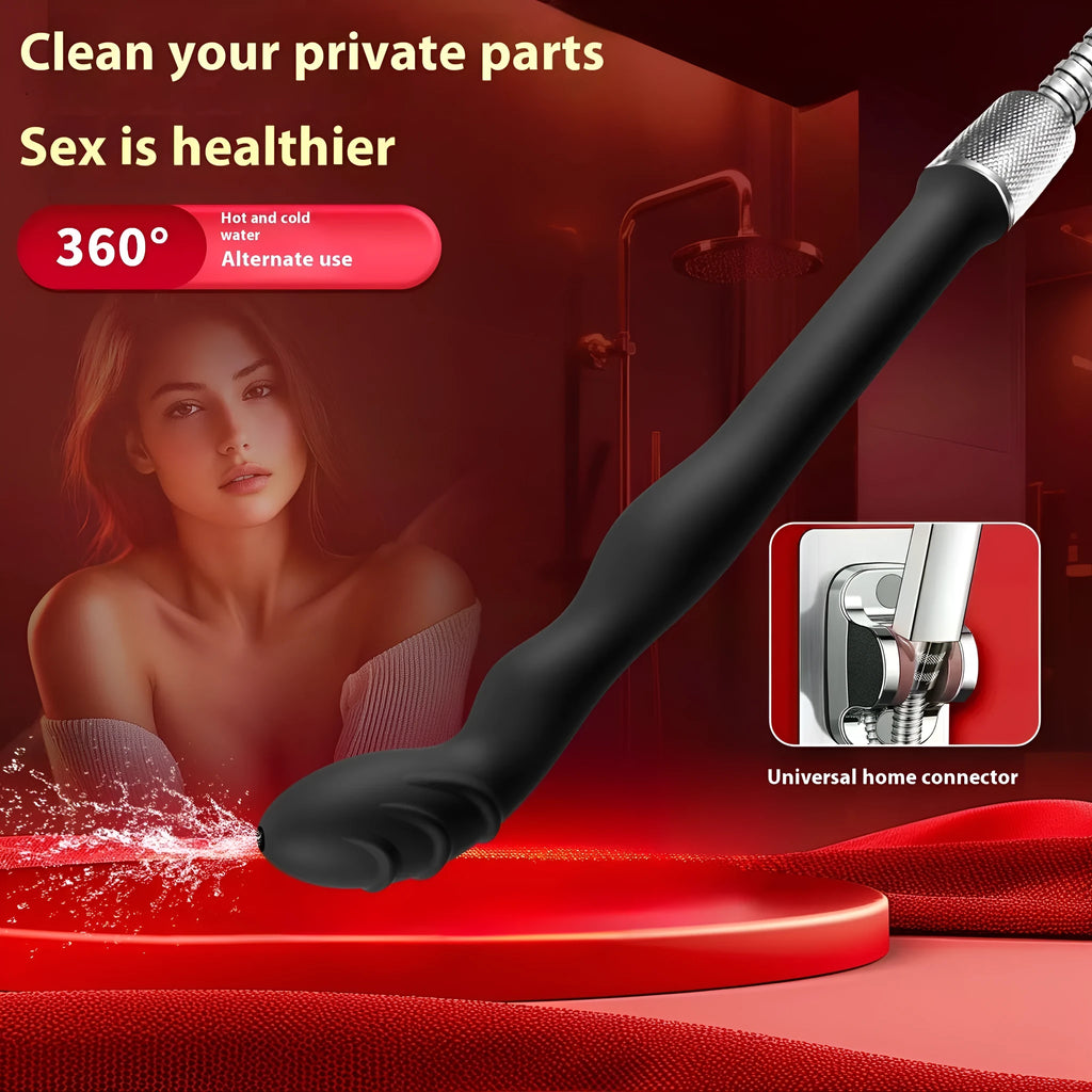 Black silicone hosepipe flusher for court cleaning, shown in large and small size options.