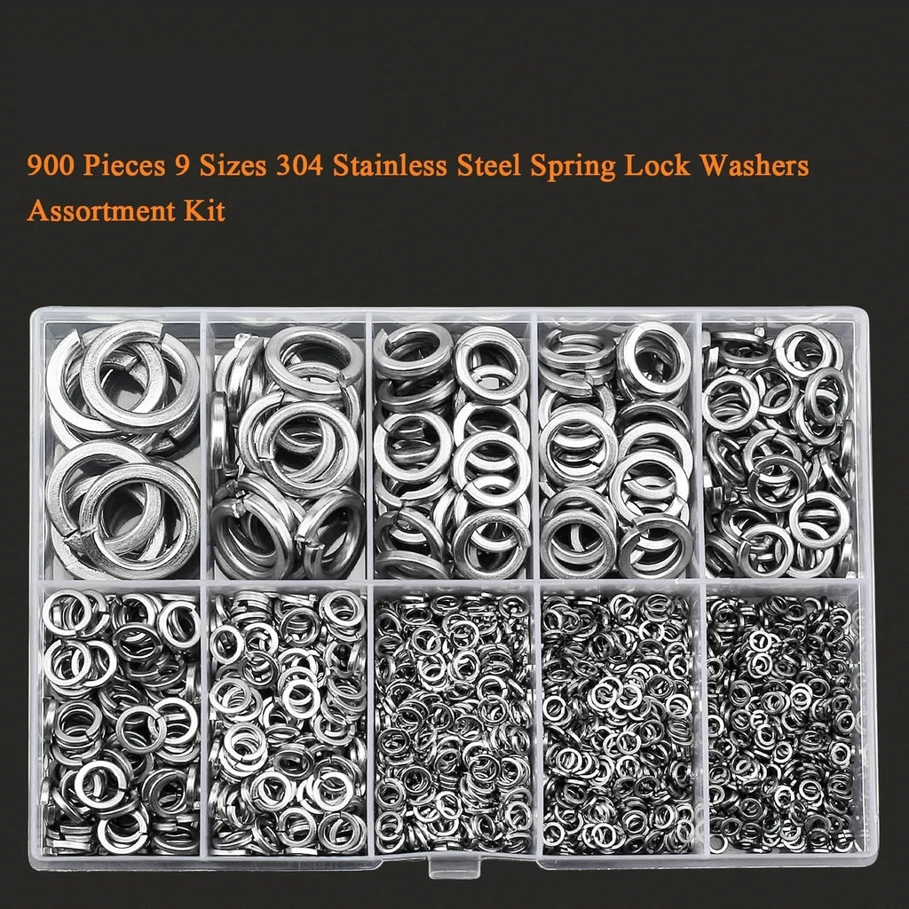 304 stainless steel spring lock washer combination box containing 900 pieces with size range for M2 to M12 bolts