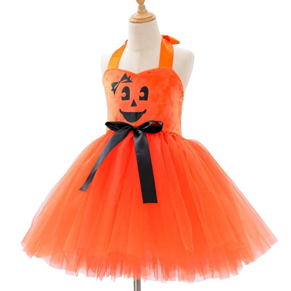 Girls Halloween pumpkin dress in orange yarn mesh, sling style, separate skirt or skirt suit, sizes XS to XXL