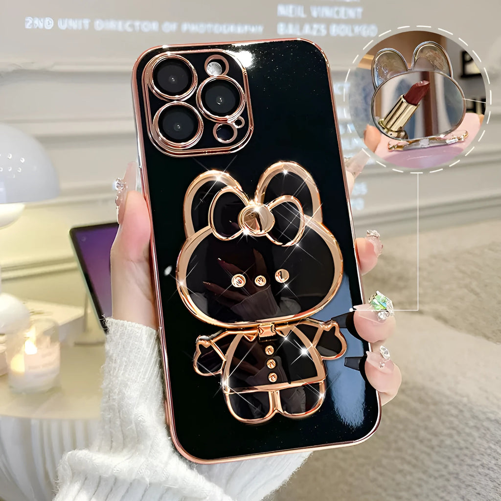 Cartoon rabbit stand mirror iPhone case in TPU with electroplated 3D design and anti-fall protection.