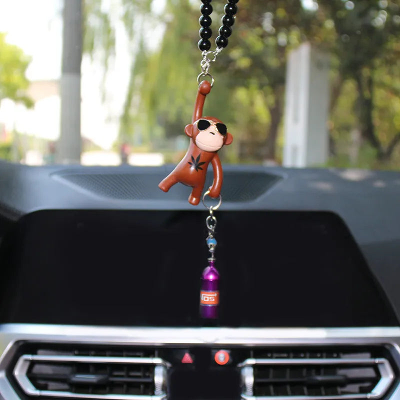 Hip-hop cartoon monkey wearing sunglasses rearview mirror pendant with beaded necklace