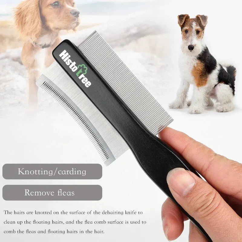 Black dual-sided pet grooming comb with wooden handle and stainless steel teeth for cats and dogs