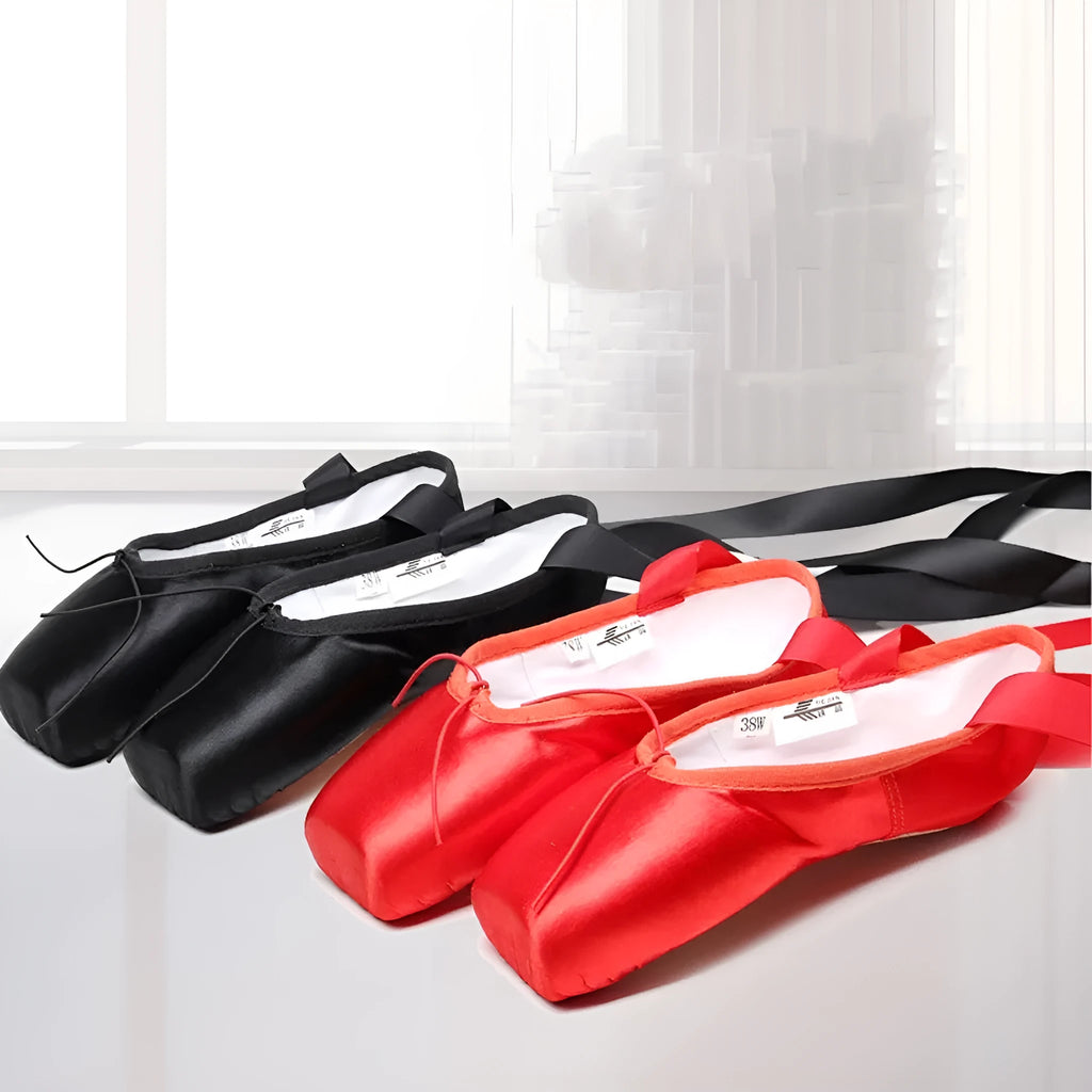Solid colour hard bottom strap ballet shoes with silk upper, available in multiple colours and sizes 31-45