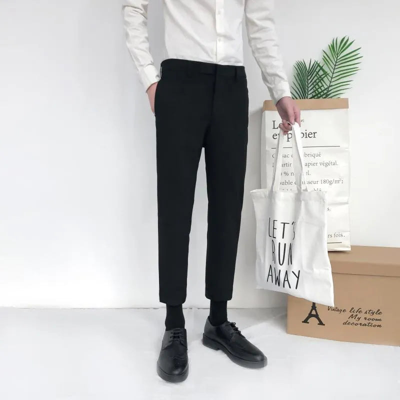 Men's slim loose straight-leg cotton trousers in khaki with a drawstring waist