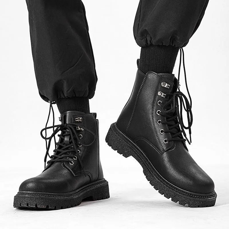 High-top winter hiking boots in black with thick bottom, PU upper, leather stitching, round toe, and front lace-up closure