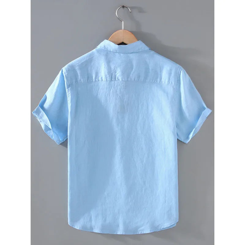 Men's linen short-sleeved shirt in cardigan style showing colour options