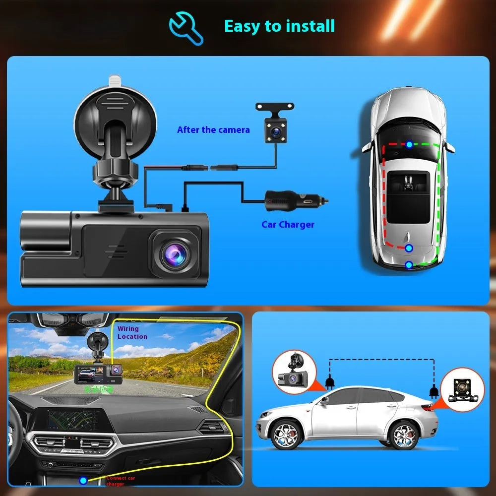 WiFi driving recorder with 2-inch screen on car windscreen showing rear camera view.