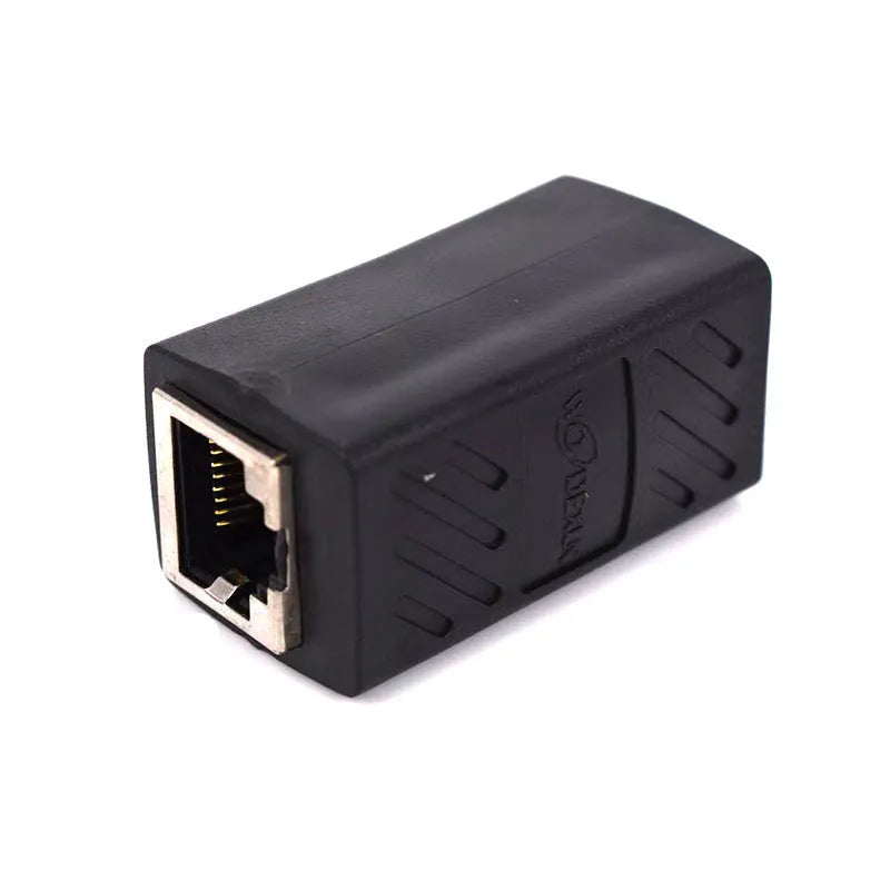 Black RJ45 network cable extender adapter for Ethernet connections