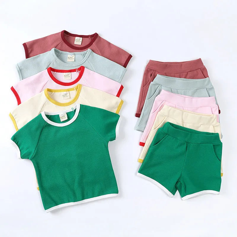 Children's cotton short sleeve shirt and shorts set in solid colour, summer two-piece outfit with pullover top.