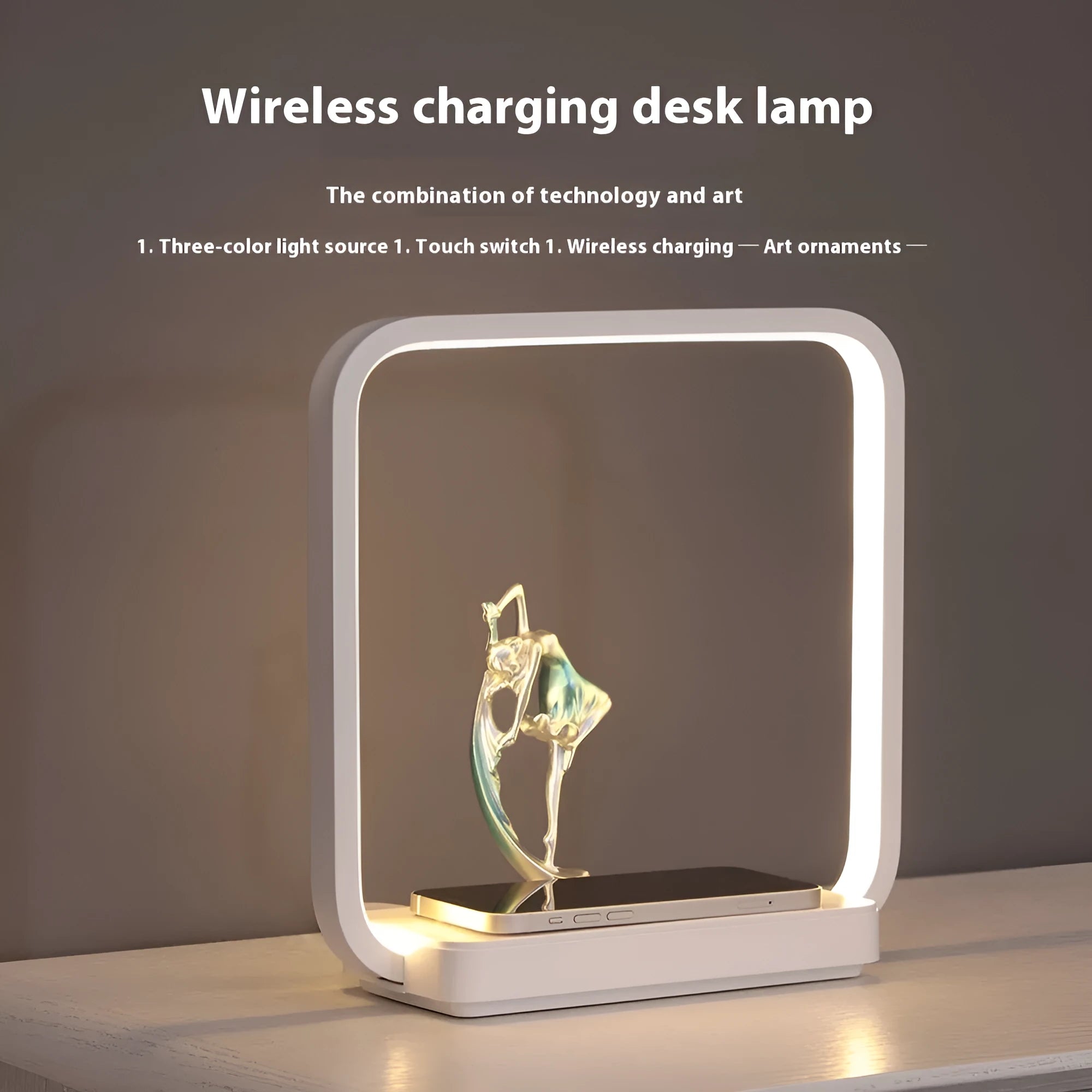 Blue atmosphere table lamp with integrated wireless phone charging pad showing smartphone placement