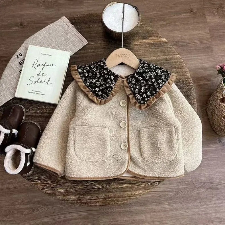 Khaki Mori style girls' fleece-lined coat with long sleeves and thickened polyester for winter