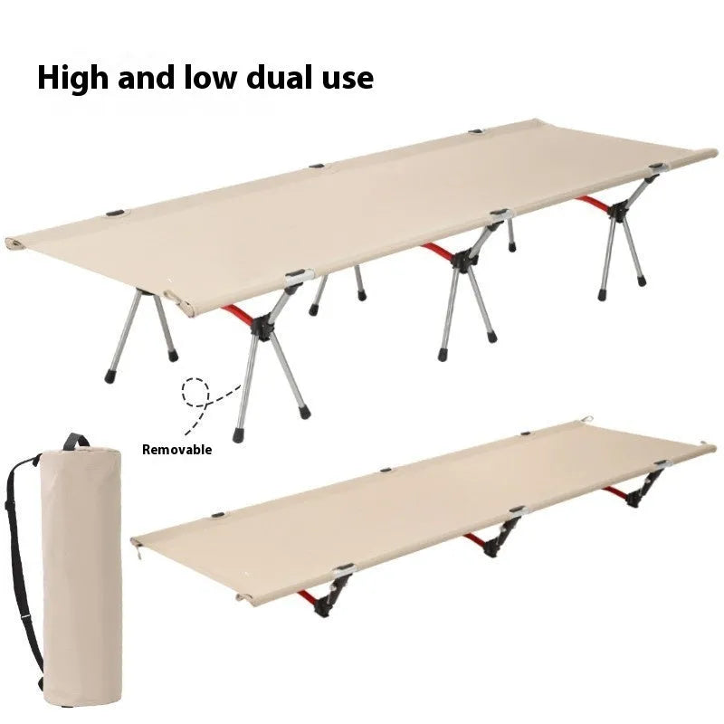 Lightweight portable folding bed in khaki colour with black brackets, showing folded and assembled configurations