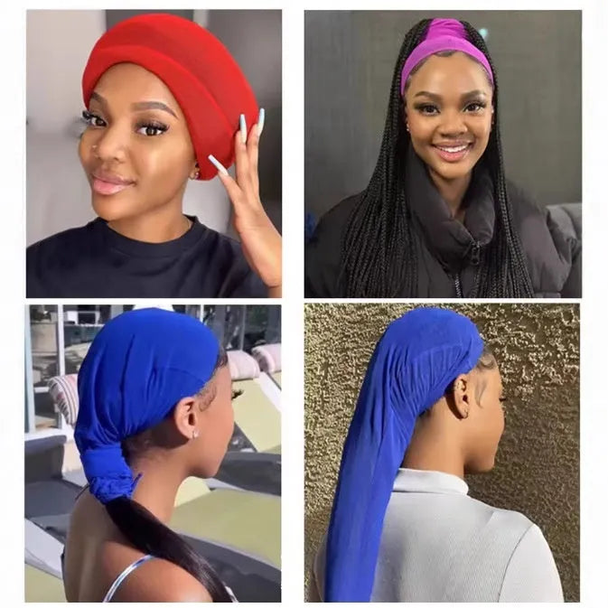 Adjustable mesh wig cap in spandex material showing oversleeve design for custom fit