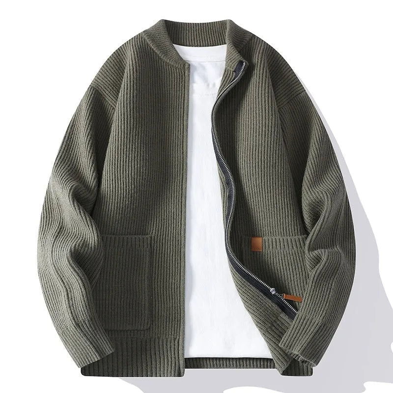 Men's striped cardigan jacket in chemical fibre blended fabric with straight cut design