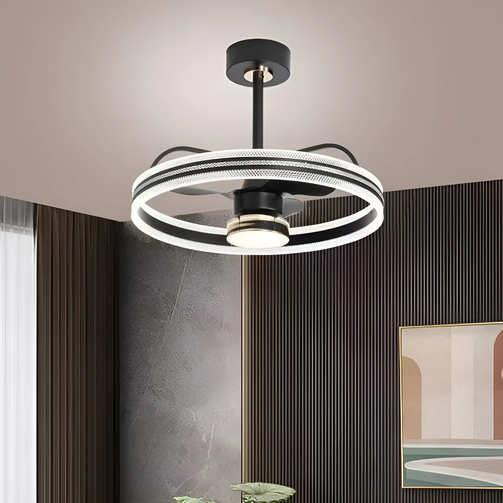 Modern ceiling fan light with remote control showing black and gold finish options