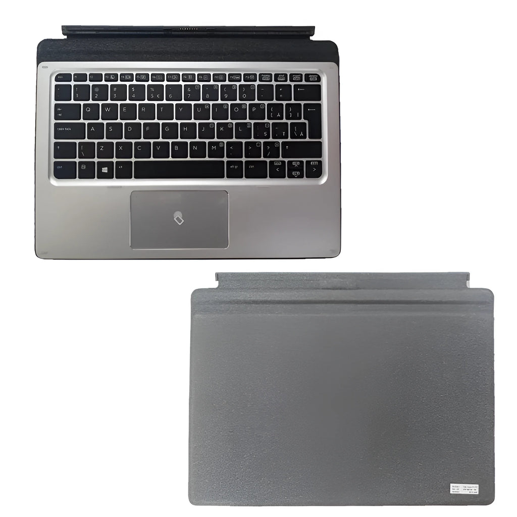 Elite X2 tablet base keyboard with PS/2 cable and multimedia keys on a table next to a thin tablet.