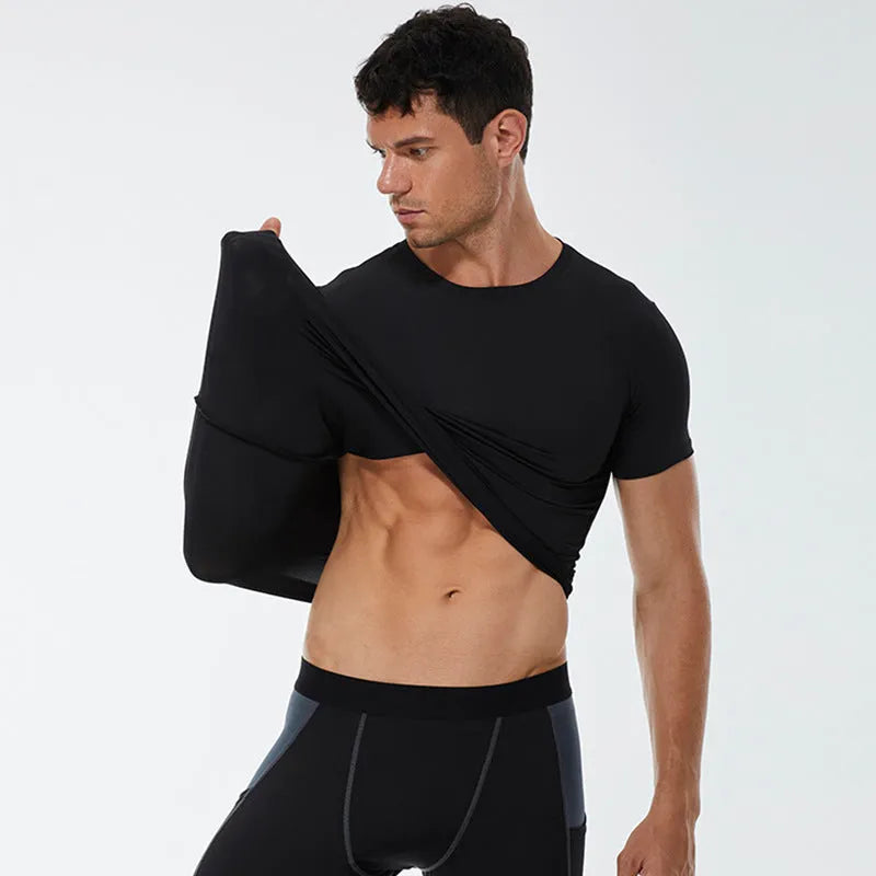 Men's solid colour short-sleeved athletic shirt in stretch quick-dry polyester fabric