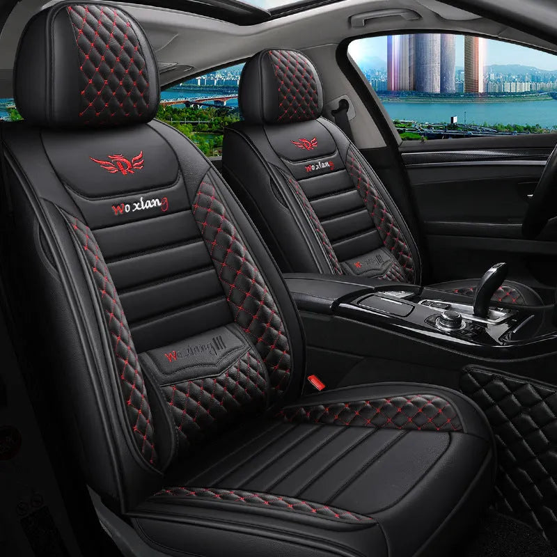 Red leather universal seat cushion with high elastic sponge filler on a car seat.