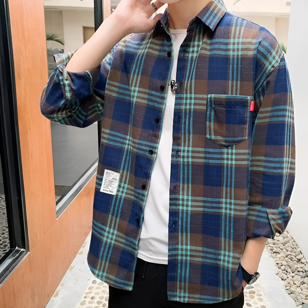 Men's loose-fit long-sleeved polyester plaid shirt in brown grid, Korean-style spring cardigan