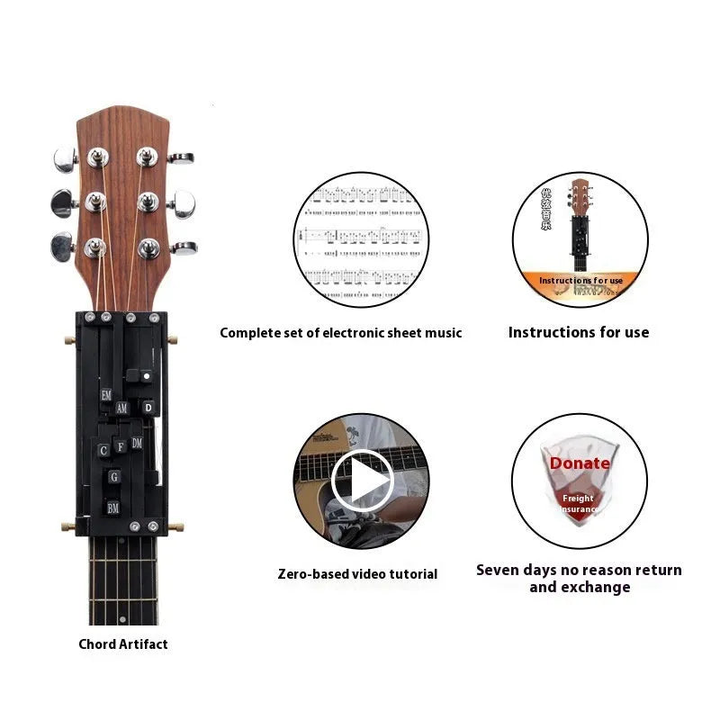 Black auxiliary folk guitar chord practice device with automatic gear mechanism for beginners