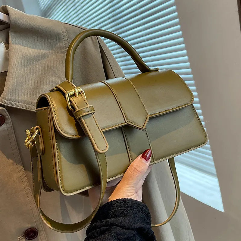Women's PU leather messenger bag in horizontal square shape with sandwich pocket and file organisation