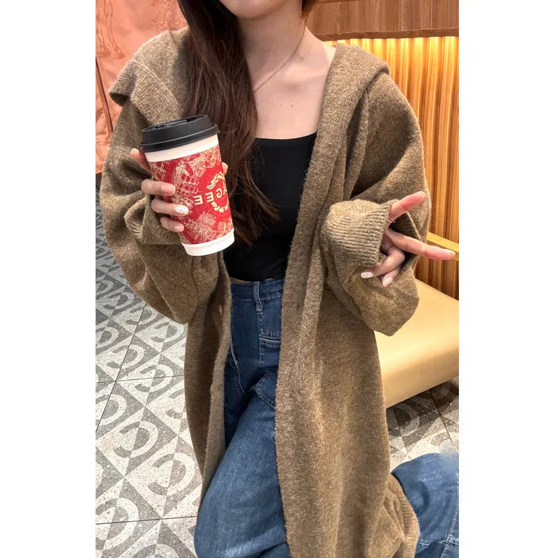 Korean-style long hooded cardigan for women in a wool blend, shown in a neutral colour.