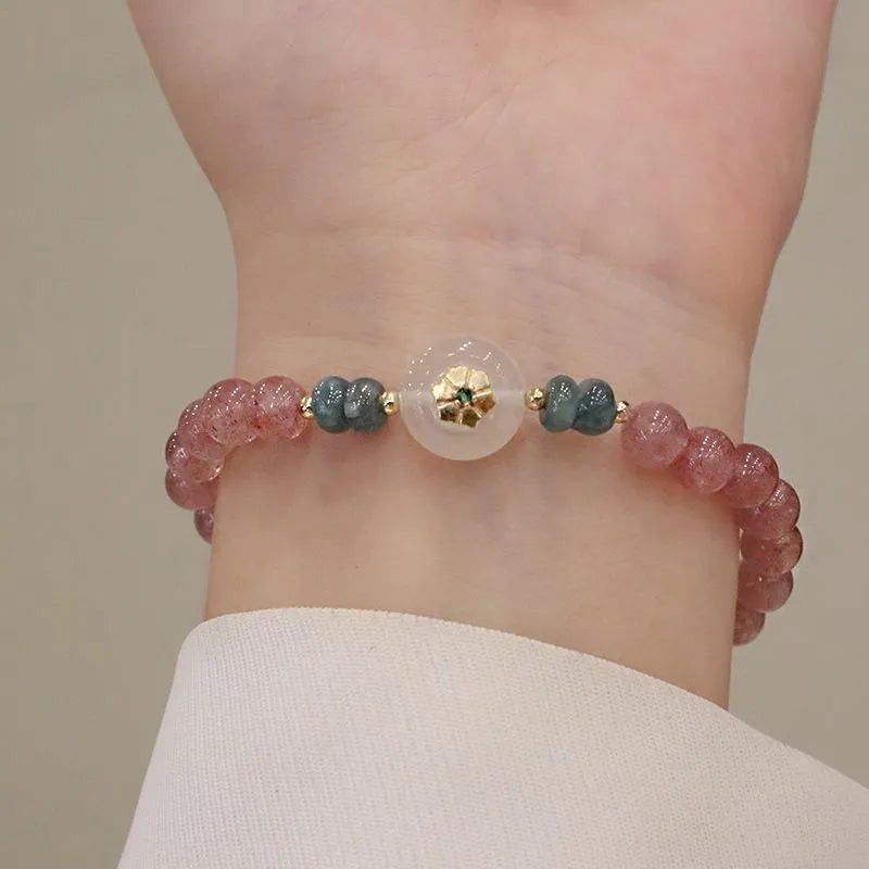 Women's New Chinese style bracelet with strawberry quartz, blue water emerald jade pendant, and electroplated metal elements