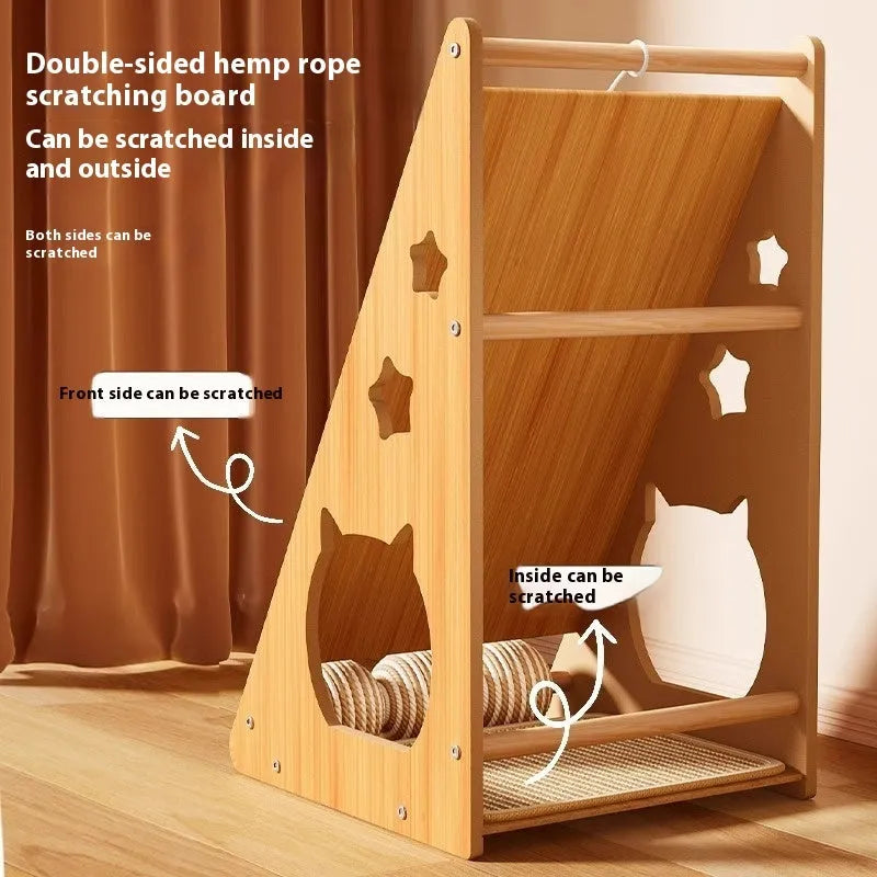 Vertical wall-mounted cat scratch board with sisal surface and hemp rope toys