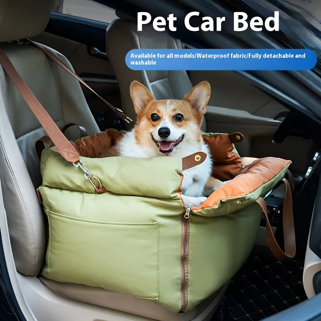 Brown removable cloth cat car kennel showing dimensions of 55cm by 50cm by 45cm.