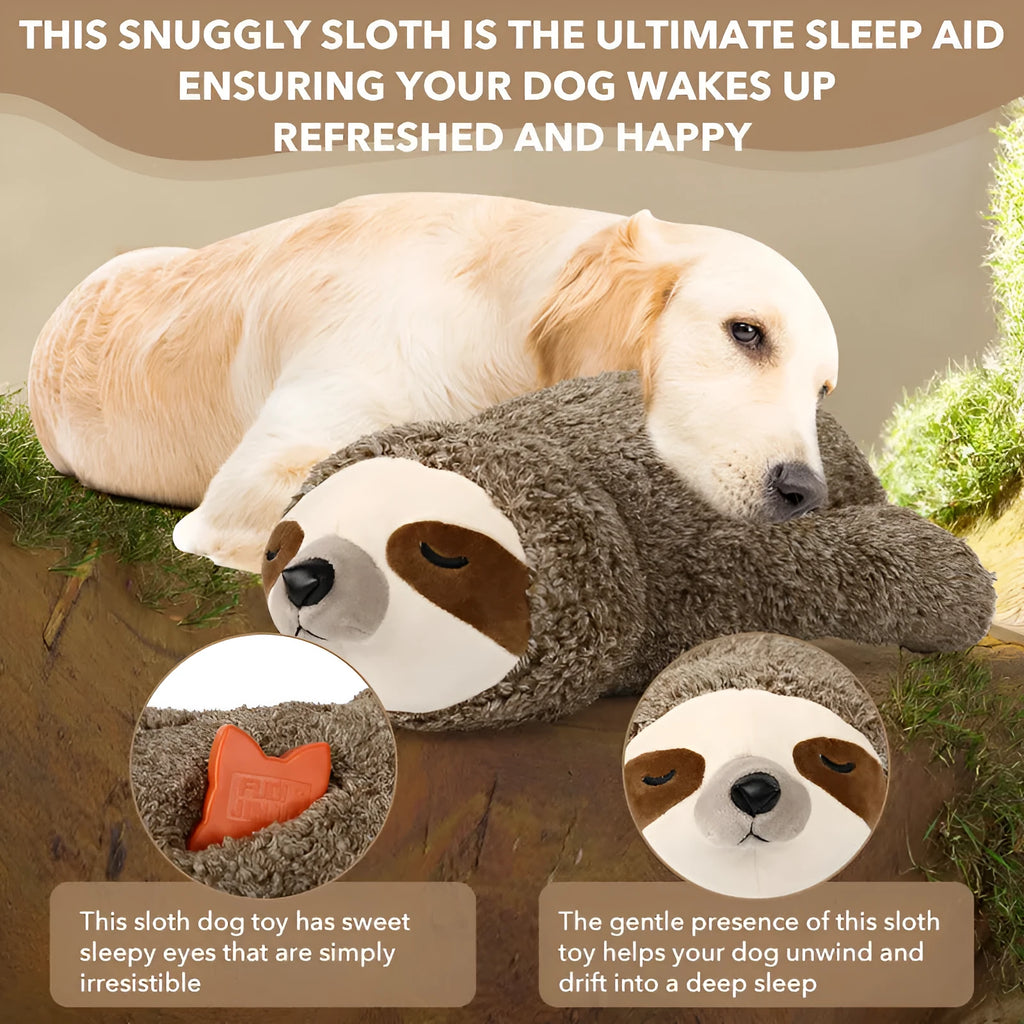 Sloth-coloured pet soothing plush toy with heartbeat device on soft surface