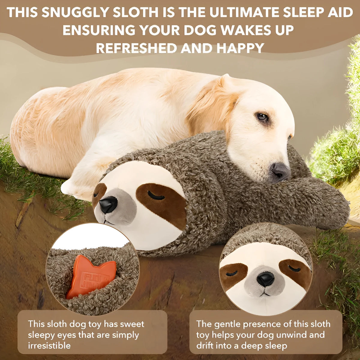 Sloth-coloured pet soothing plush toy with heartbeat device on soft surface