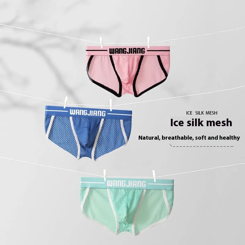 Men's black mesh breathable Ice Silk triangle underwear briefs laid flat