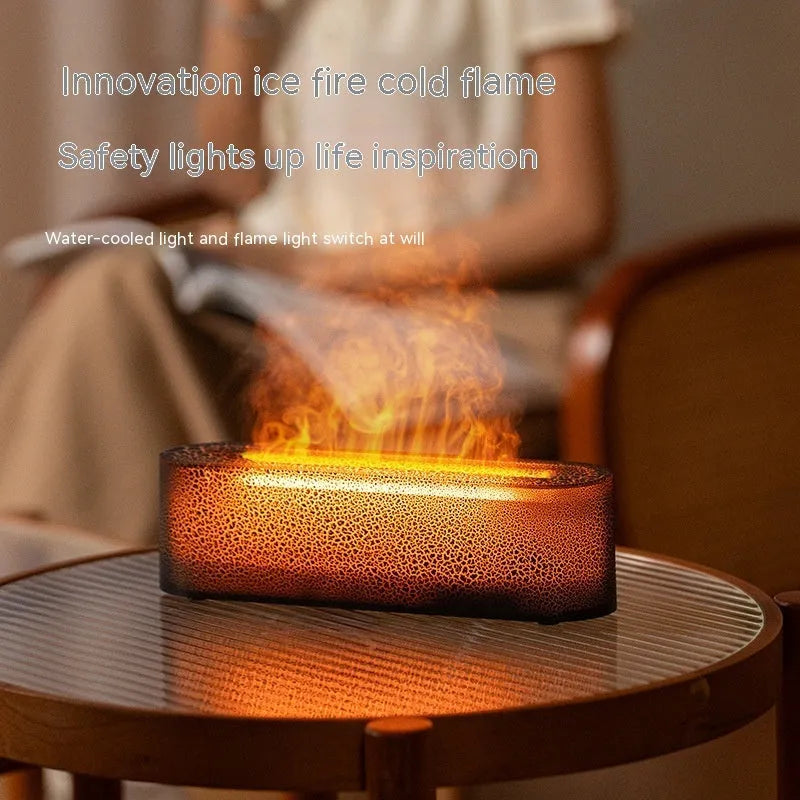 Square black and white USB-powered lava flame aroma diffuser and humidifier on a desktop