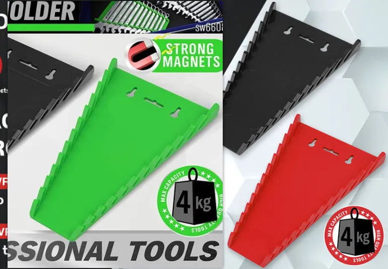 Magnetic wrench holder set of two ABS racks in black and green colour combination on a metal surface with wrenches stored