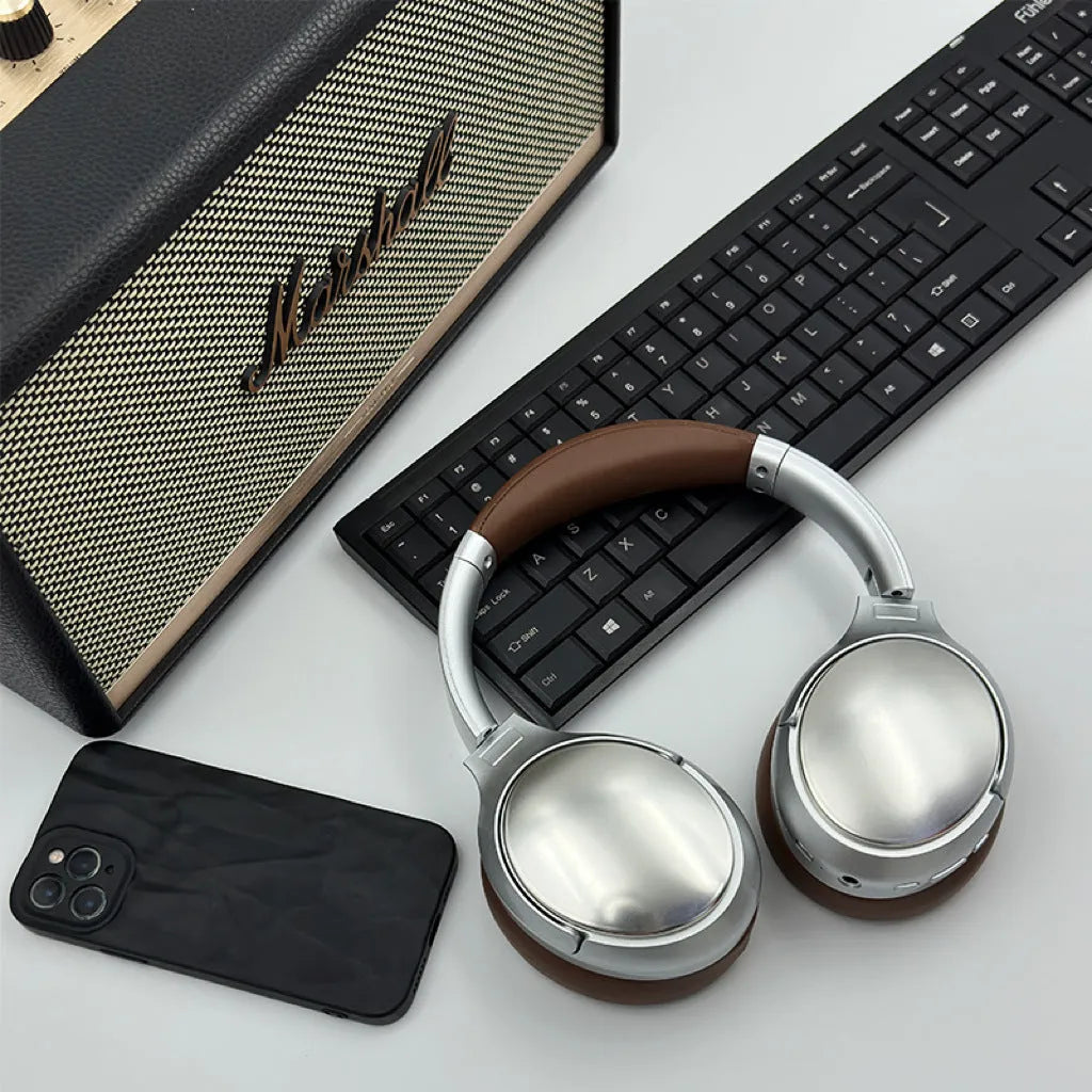 Retro style wireless Bluetooth headset in vintage brown colour with head-mounted design