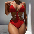 Lace-up cutout one-piece swimsuit for women in polyester, solid colour khaki or red, sizes S to XL
