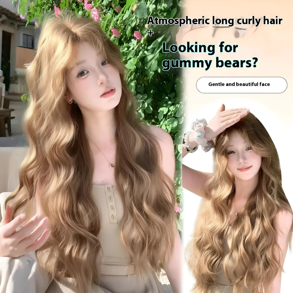 Linen brown curly medium wig with high temperature fibre hair and hair net