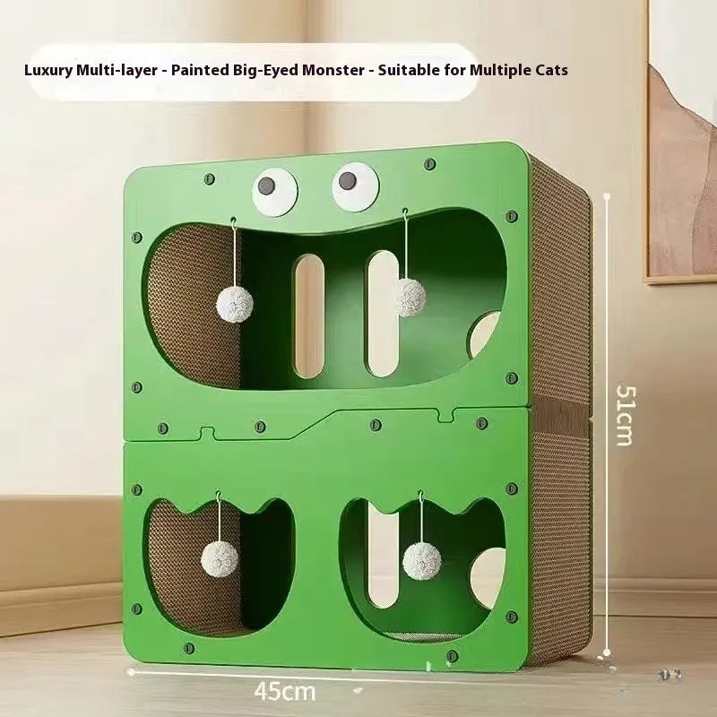 Double layer cat scratching board and enclosed nest in a choice of owl, big eyes, or cat head styles.