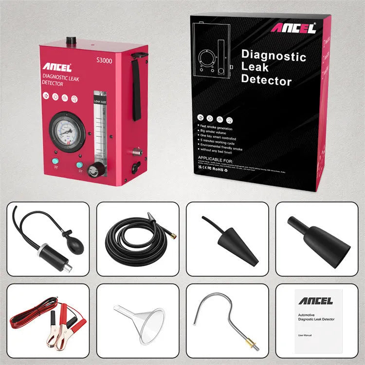 S3000 model car smoke detector and vacuum leak diagnostic tool on a workbench