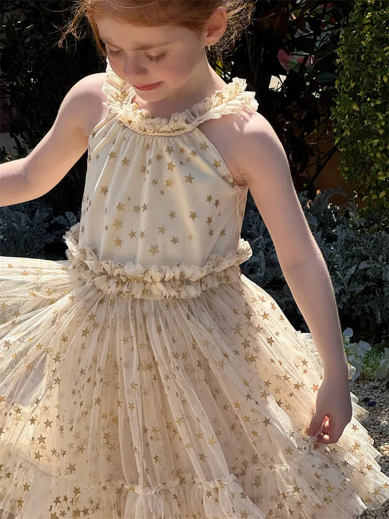 Summer girls sleeveless halter tulle skirt dress in solid apricot colour