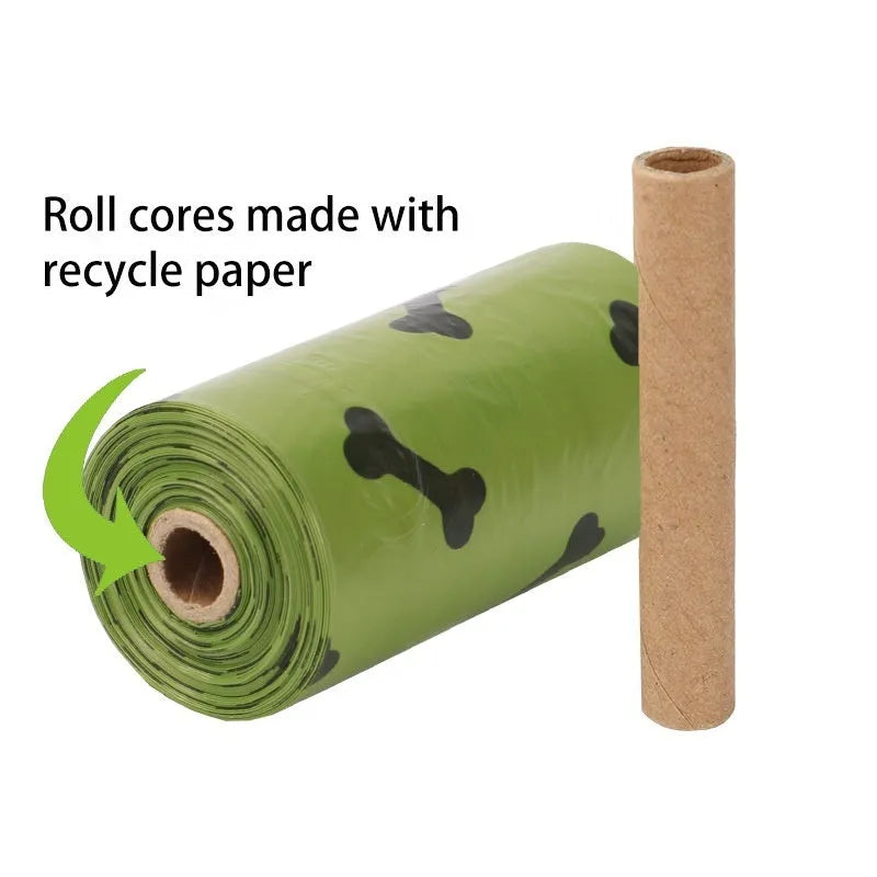 Military green degradable dog poop bags with black bone print showing roll format and dimensions