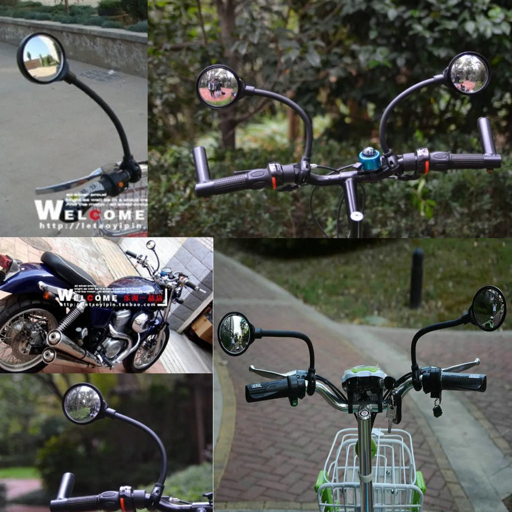 Black metal bicycle rearview mirror with hose adjustment mechanism and reflector